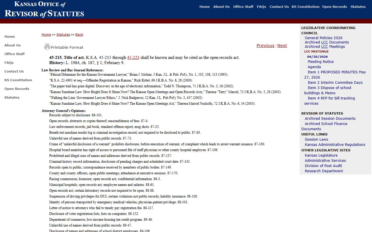 Leavenworth County clerk records K.S.A. 45-215 Kansas Open Records Act
