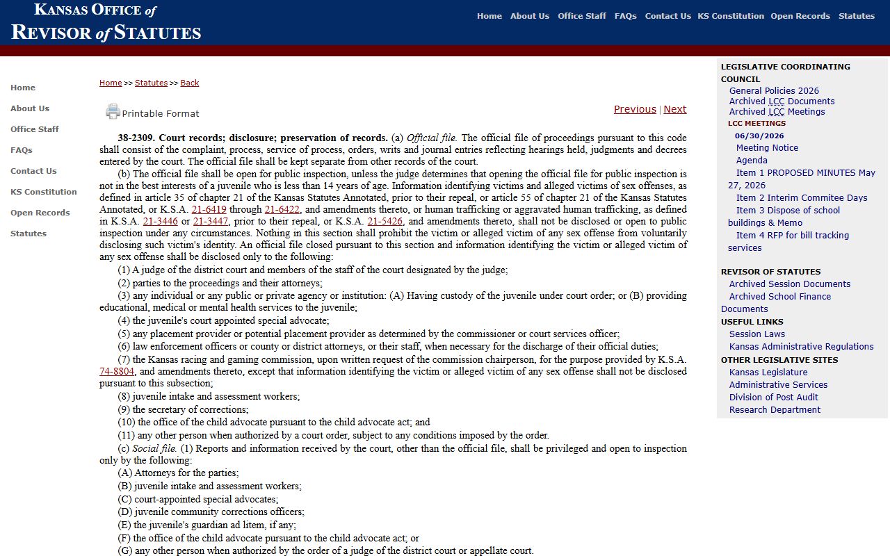 Leavenworth County arrest records and court charges K.S.A. 38-2309 juvenile record disclosure