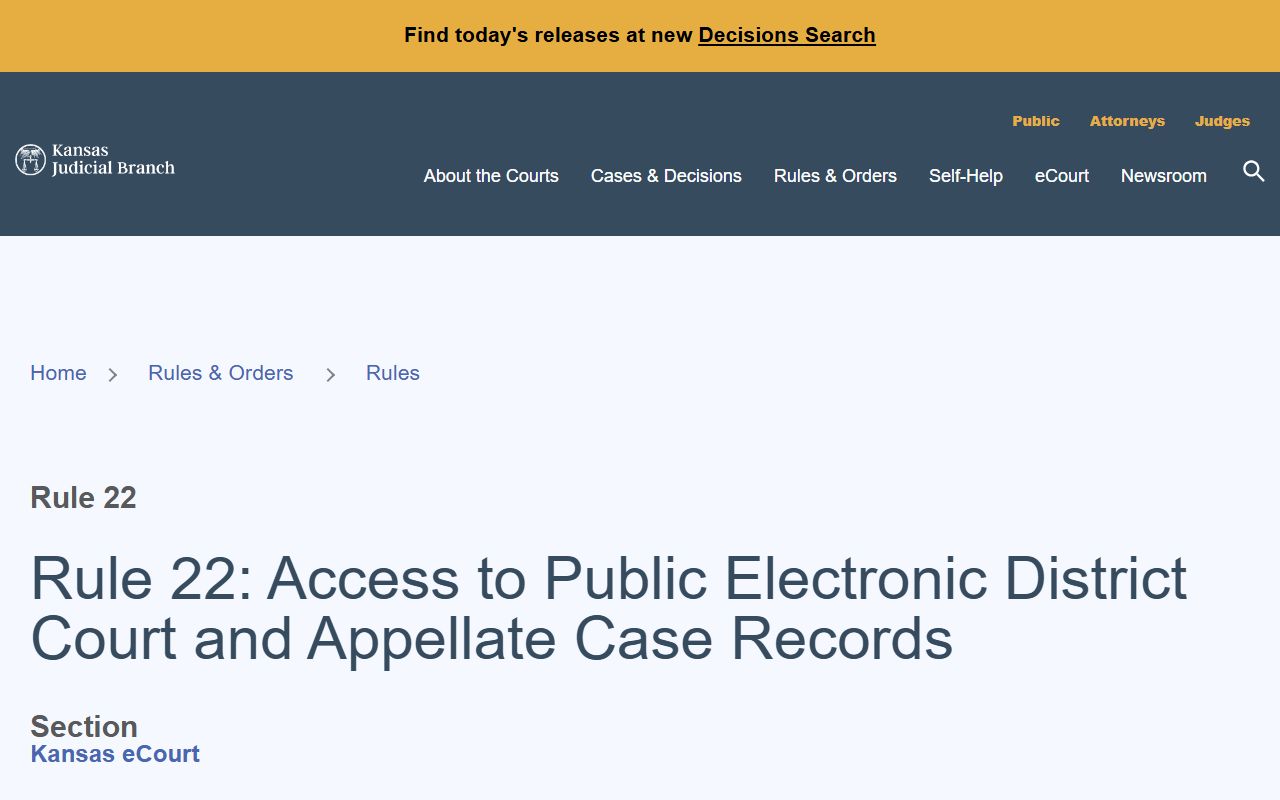 Leavenworth County court records Kansas Supreme Court Rule 22 access rules
