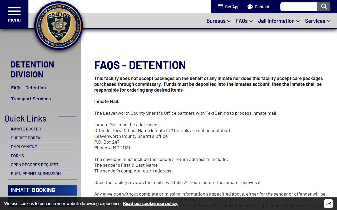 Leavenworth County inmate mail visitation and bond FAQ