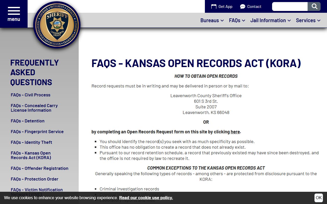 Leavenworth County inmate records sheriff KORA request rules
