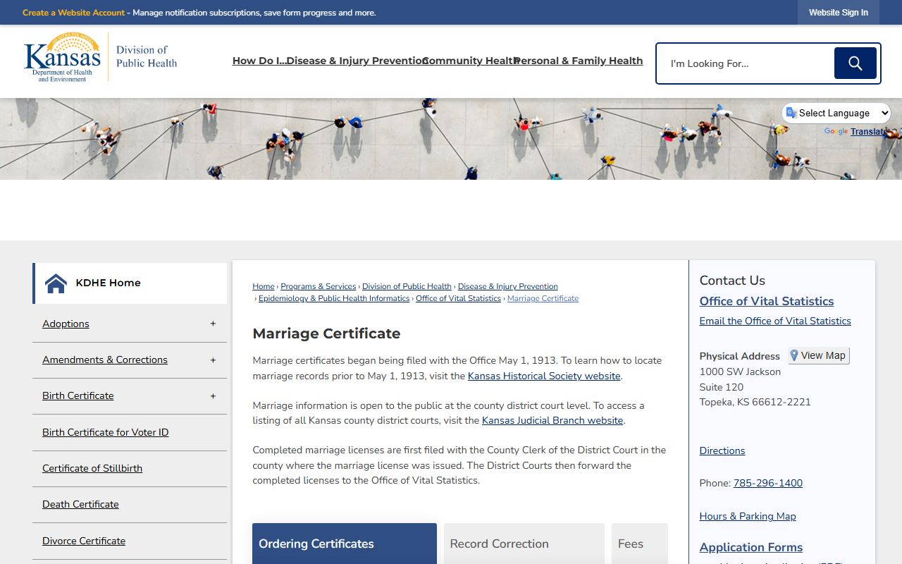 Leavenworth County marriage and divorce records KDHE certificate ordering