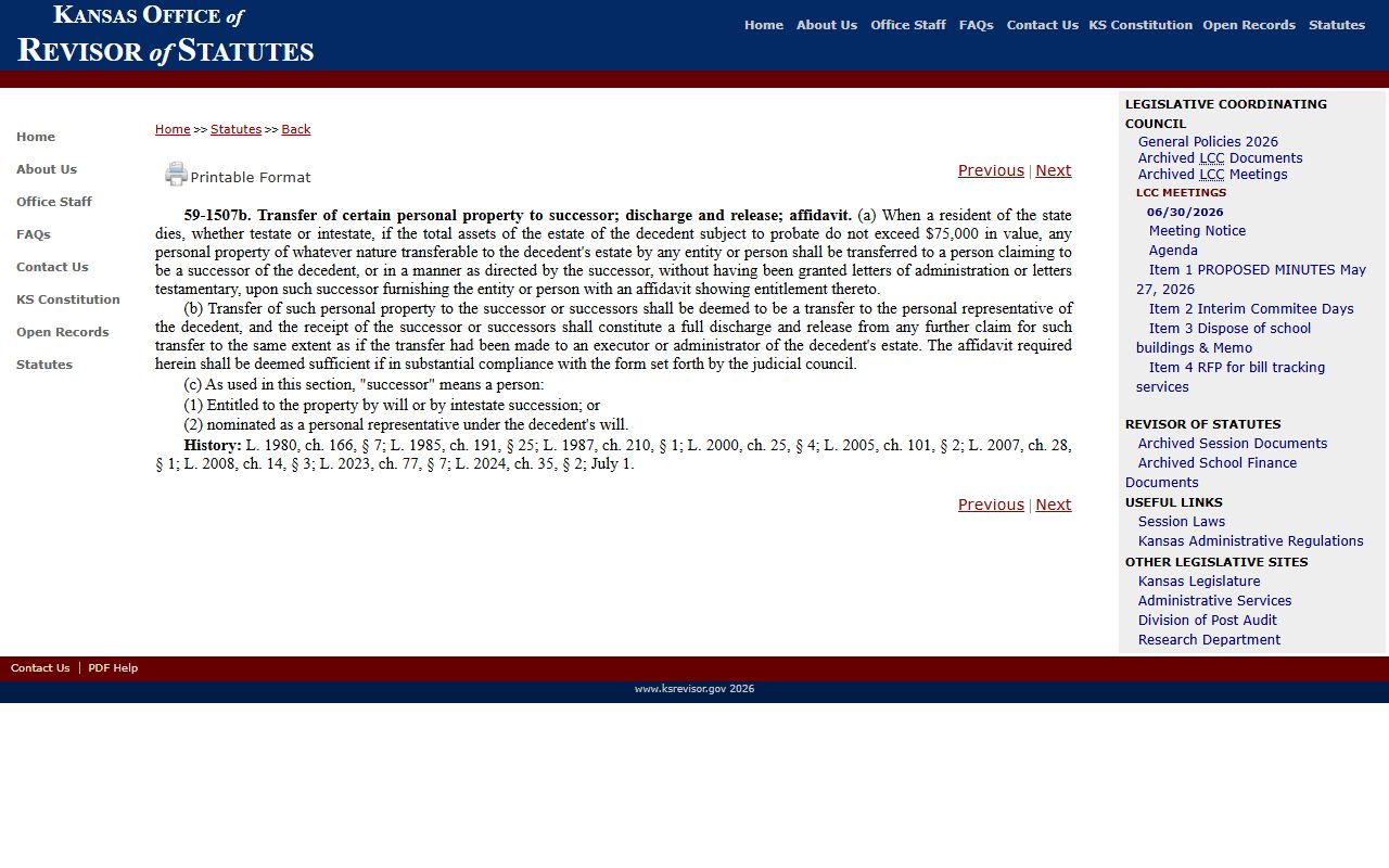 Leavenworth County probate records Kansas small estate affidavit statute
