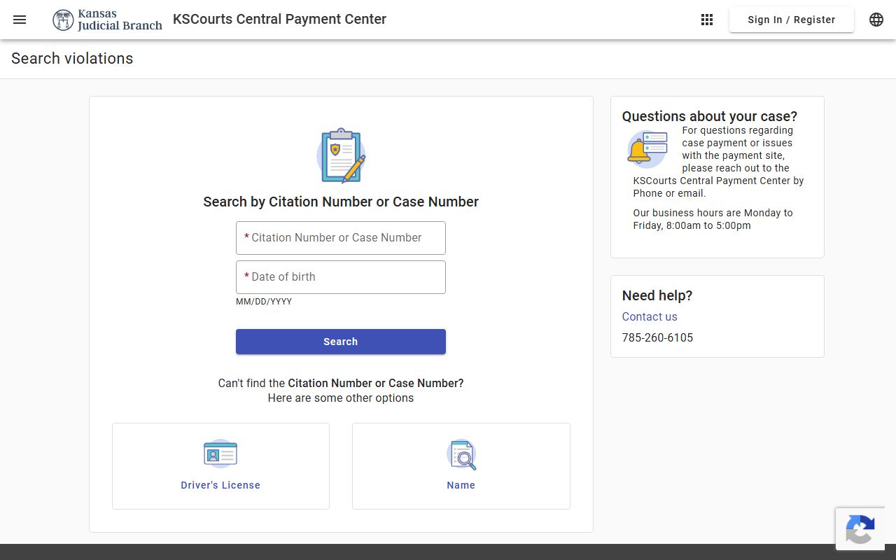 Leavenworth County traffic citation Central Payment Center search fields