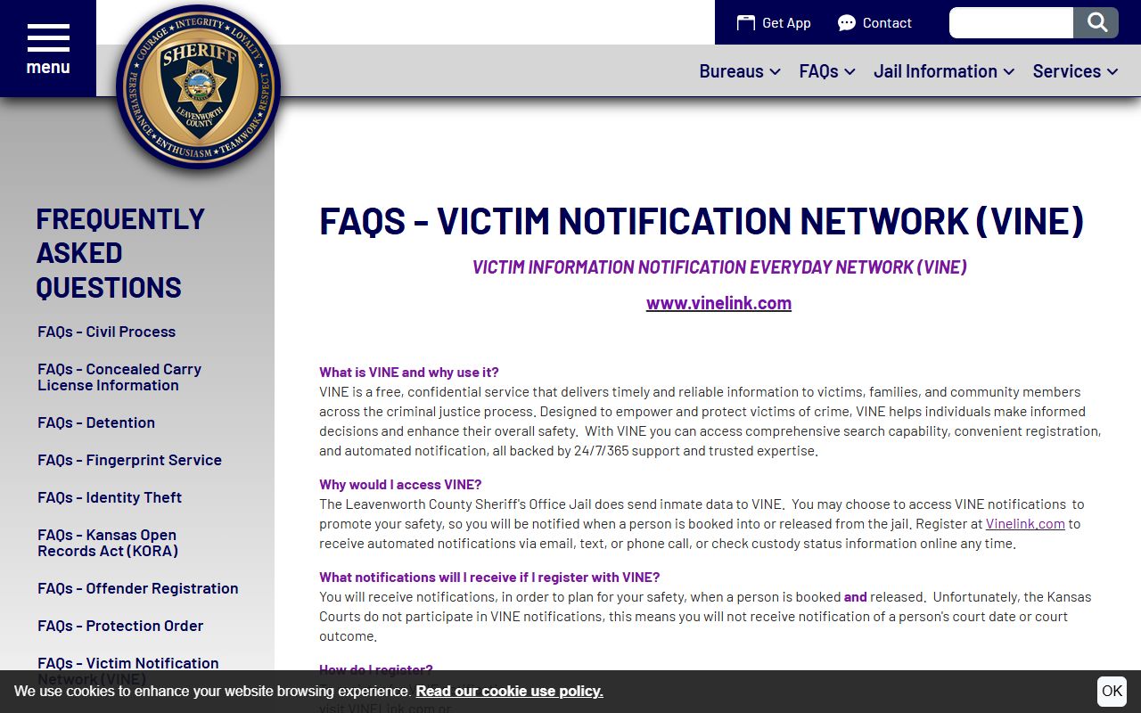 Leavenworth County warrant custody notification VINE sheriff FAQ